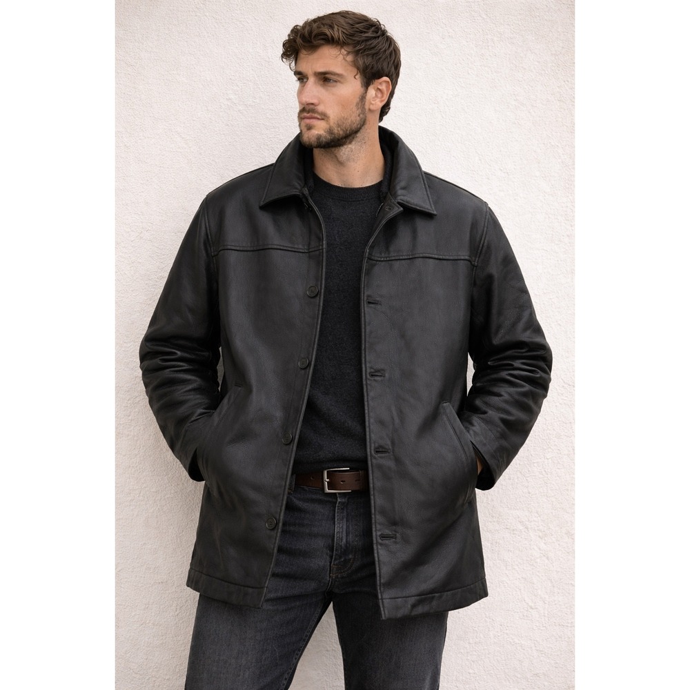 Vintage 90s Minimalist Leather Limited Black Leather Car Coat Grunge Jacket Sz L